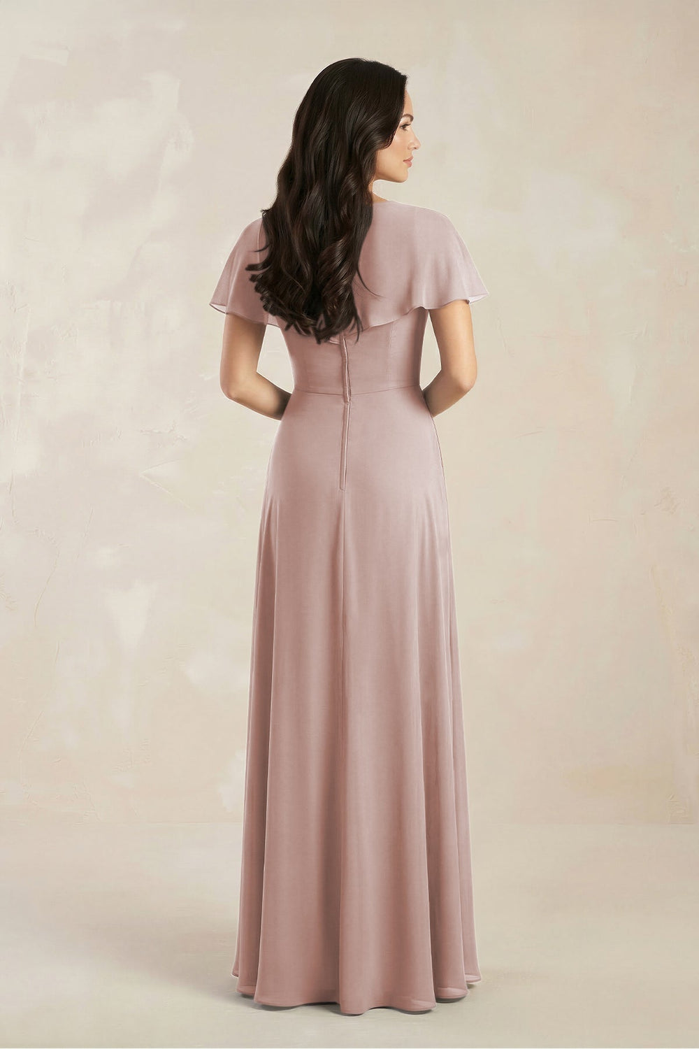A - Line Short Sleeve Chiffon V - Neck Bridesmaid Dress in Toffee - KissProm Bridesmaid Dresses