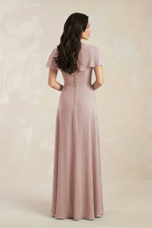 A - Line Short Sleeve Chiffon V - Neck Bridesmaid Dress in Toffee - KissProm Bridesmaid Dresses
