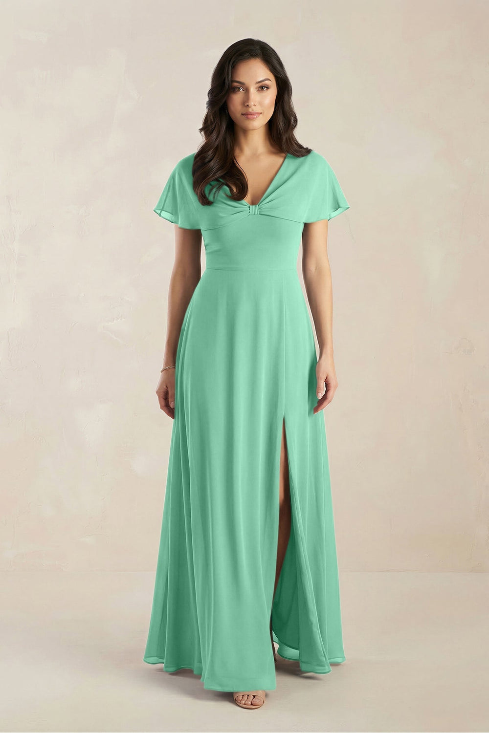 A - Line Short Sleeve Chiffon V - Neck Bridesmaid Dress in Turquoise - KissProm Bridesmaid Dresses