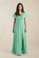 A - Line Short Sleeve Chiffon V - Neck Bridesmaid Dress in Turquoise - KissProm Bridesmaid Dresses