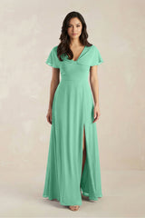 A - Line Short Sleeve Chiffon V - Neck Bridesmaid Dress in Turquoise - KissProm Bridesmaid Dresses
