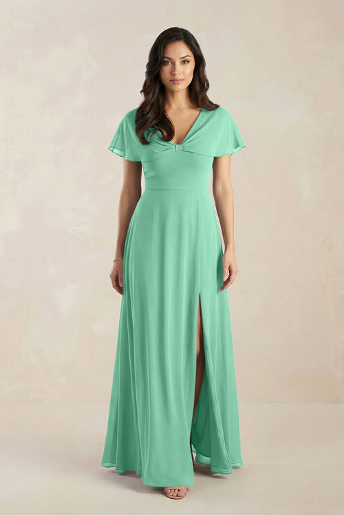A - Line Short Sleeve Chiffon V - Neck Bridesmaid Dress in Turquoise - KissProm Bridesmaid Dresses