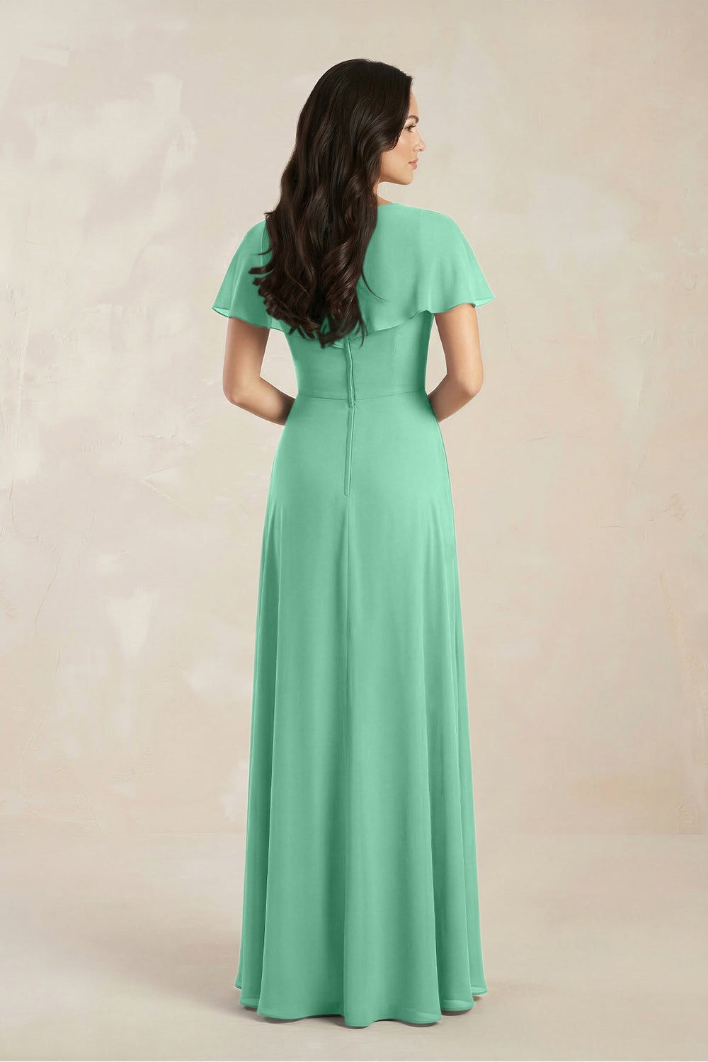 A - Line Short Sleeve Chiffon V - Neck Bridesmaid Dress in Turquoise - KissProm Bridesmaid Dresses