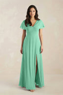 A - Line Short Sleeve Chiffon V - Neck Bridesmaid Dress in Turquoise - KissProm Bridesmaid Dresses