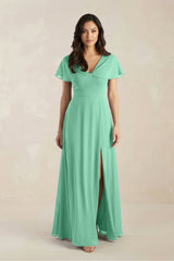 A - Line Short Sleeve Chiffon V - Neck Bridesmaid Dress in Turquoise - KissProm Bridesmaid Dresses