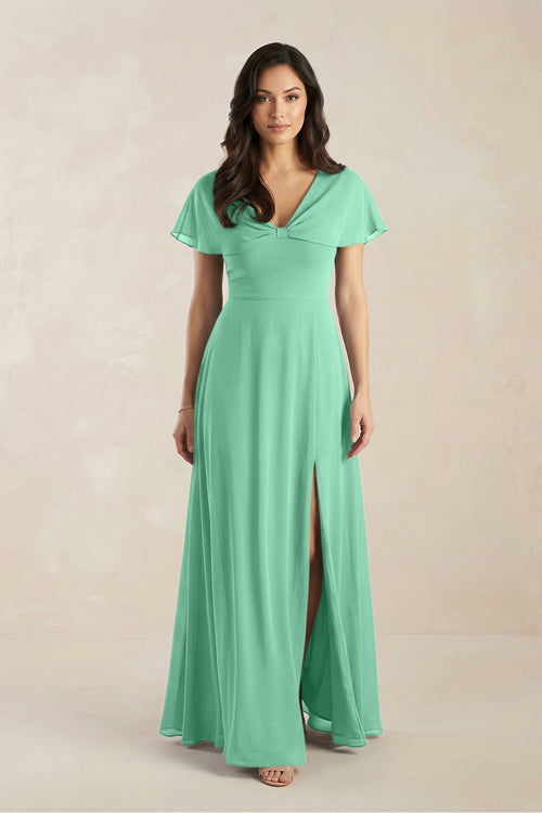 A - Line Short Sleeve Chiffon V - Neck Bridesmaid Dress in Turquoise - KissProm Bridesmaid Dresses