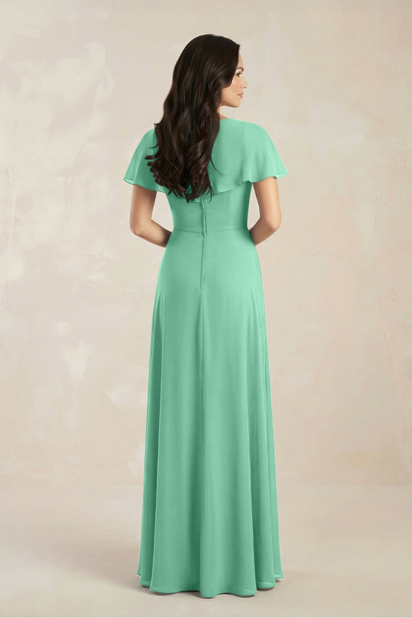 A - Line Short Sleeve Chiffon V - Neck Bridesmaid Dress in Turquoise - KissProm Bridesmaid Dresses