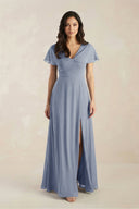 A - Line Short Sleeve Chiffon V - Neck Bridesmaid Dress in Twilight - KissProm Bridesmaid Dresses