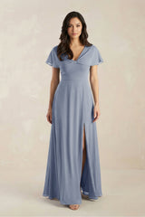A - Line Short Sleeve Chiffon V - Neck Bridesmaid Dress in Twilight - KissProm Bridesmaid Dresses