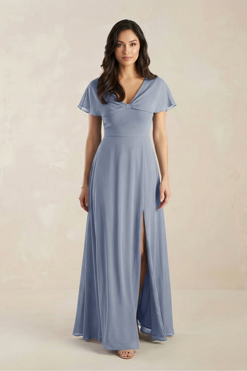 A - Line Short Sleeve Chiffon V - Neck Bridesmaid Dress in Twilight - KissProm Bridesmaid Dresses