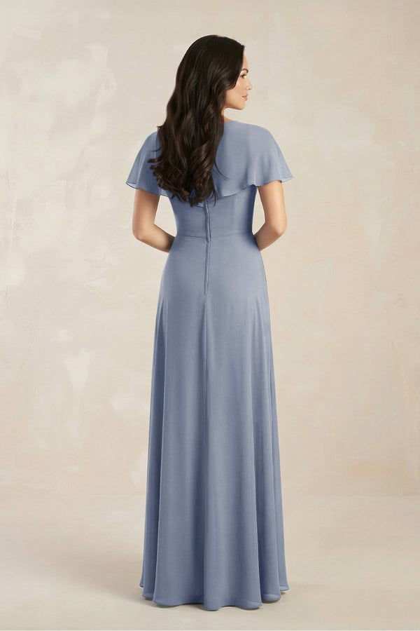 A - Line Short Sleeve Chiffon V - Neck Bridesmaid Dress in Twilight - KissProm Bridesmaid Dresses