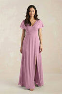 A - Line Short Sleeve Chiffon V - Neck Bridesmaid Dress in Vintage Mauve - KissProm Bridesmaid Dresses