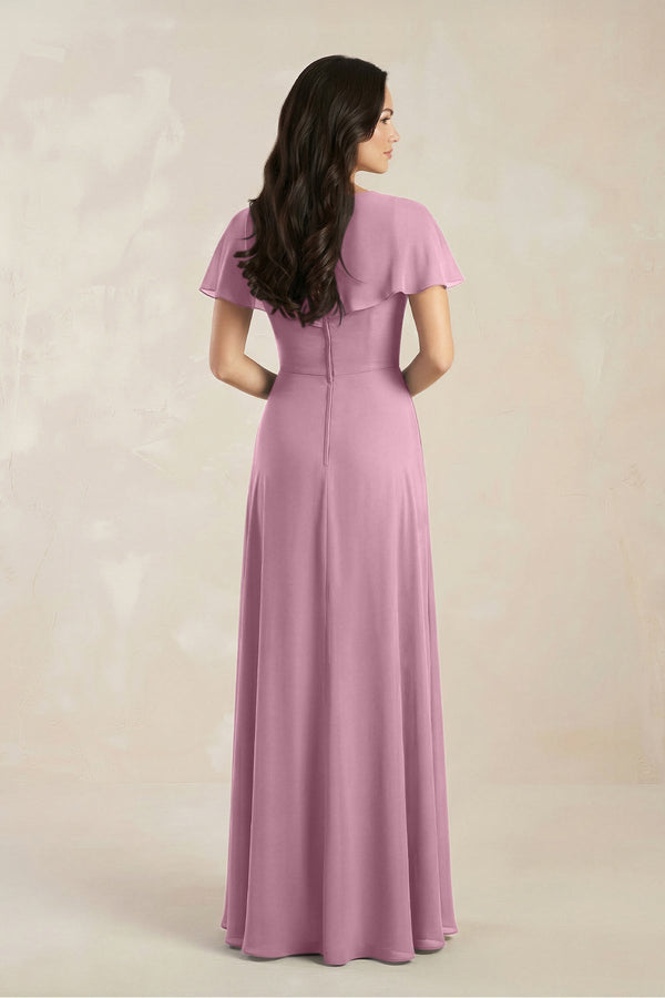 A - Line Short Sleeve Chiffon V - Neck Bridesmaid Dress in Vintage Mauve - KissProm Bridesmaid Dresses