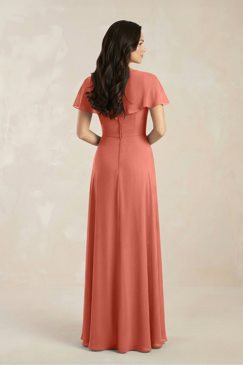 A - Line Short Sleeve Chiffon V - Neck Bridesmaid Dress in Wild Rose - KissProm Bridesmaid Dresses