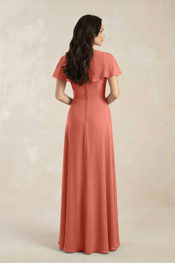 A - Line Short Sleeve Chiffon V - Neck Bridesmaid Dress in Wild Rose - KissProm Bridesmaid Dresses