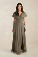 A - Line Short Sleeve Chiffon V - Neck Bridesmaid Dress in Willow Green - KissProm Bridesmaid Dresses