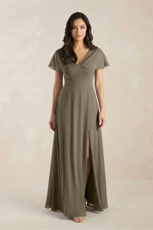 A - Line Short Sleeve Chiffon V - Neck Bridesmaid Dress in Willow Green - KissProm Bridesmaid Dresses