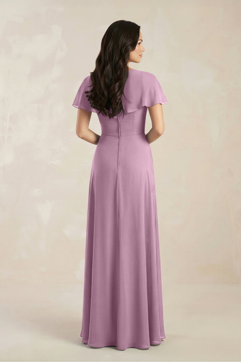 A - Line Short Sleeve Chiffon V - Neck Bridesmaid Dress in Wisteria - KissProm Bridesmaid Dresses