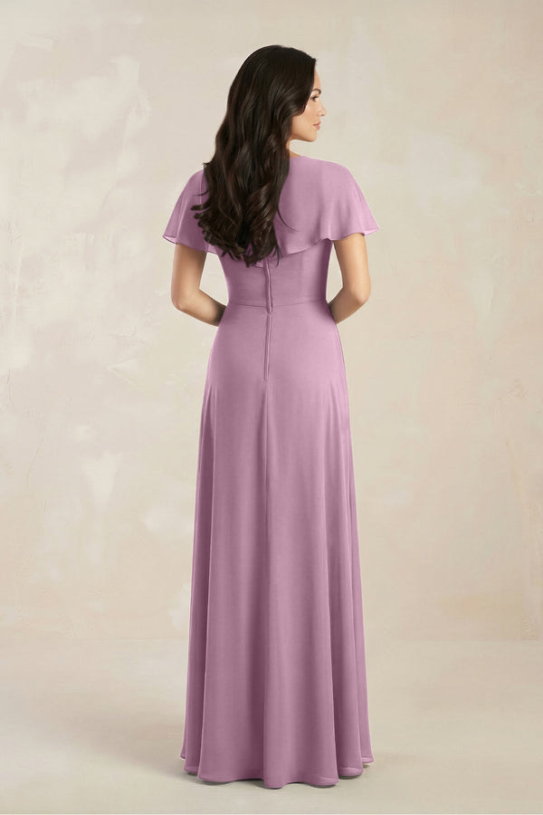 A - Line Short Sleeve Chiffon V - Neck Bridesmaid Dress in Wisteria - KissProm Bridesmaid Dresses
