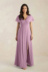 A - Line Short Sleeve Chiffon V - Neck Bridesmaid Dress in Wisteria - KissProm Bridesmaid Dresses