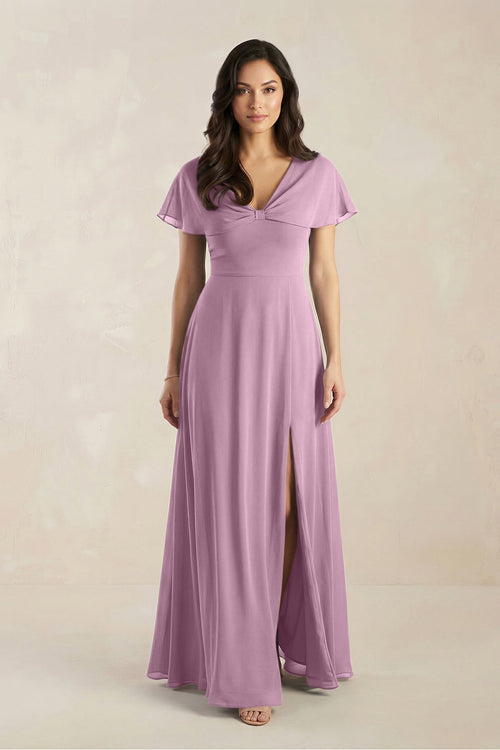 A - Line Short Sleeve Chiffon V - Neck Bridesmaid Dress in Wisteria - KissProm Bridesmaid Dresses