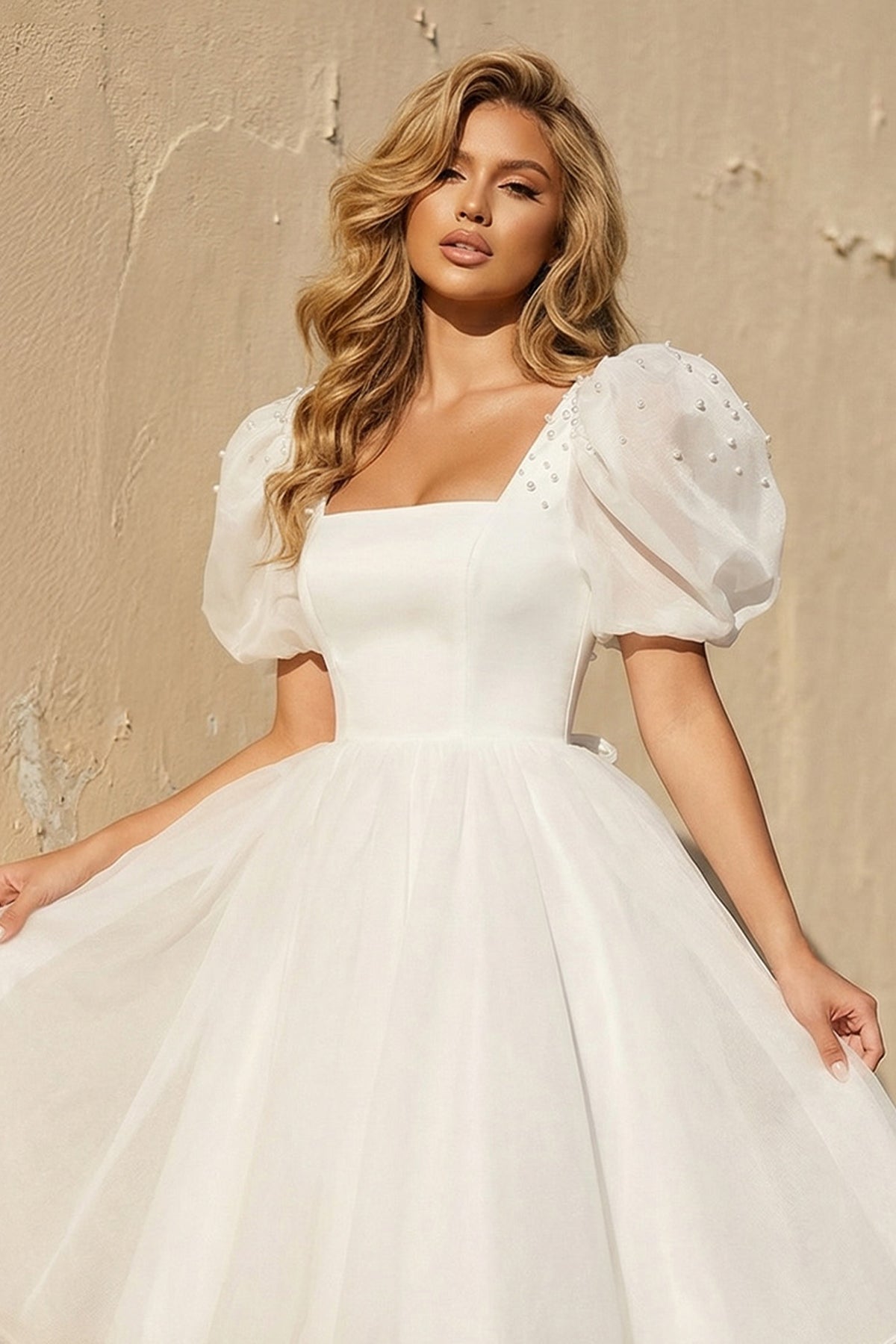 A-Line Square-Neck Short Wedding Dress With Puffy Pearls Sleeves, Diamond White / 6 A-Line Square-Neck Short Wedding Dress With Puffy Pearls Sleeves, Diamond White / 6
