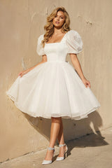 Yuna | A-Line Square-Neck Short Wedding Dress With Puffy Pearls Sleeves