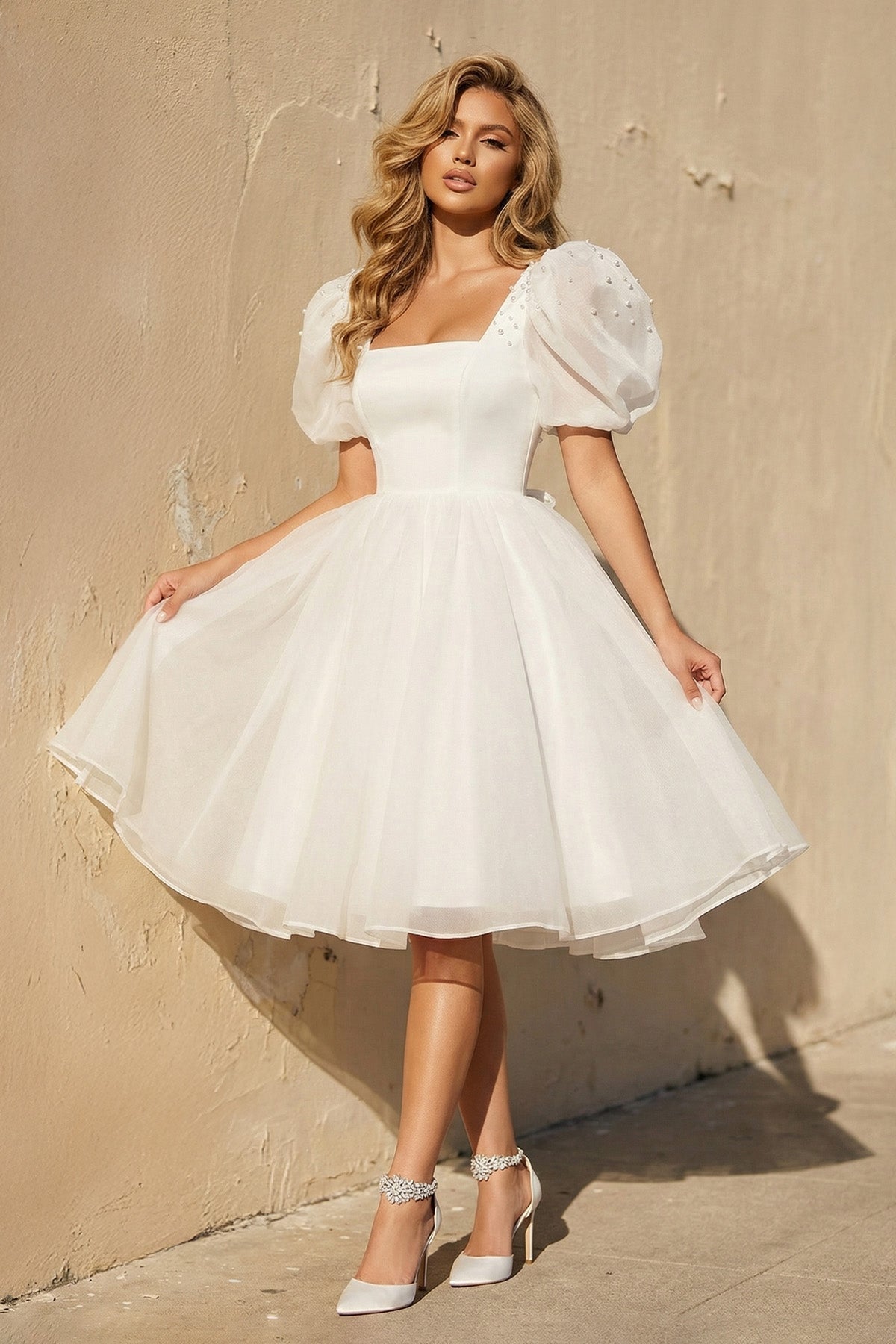 A-Line Square-Neck Short Wedding Dress With Puffy Pearls Sleeves Diamond White / 6