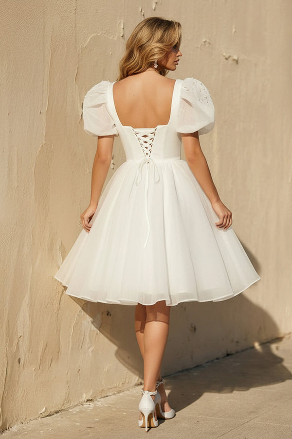 A-Line Square-Neck Short Wedding Dress With Puffy Pearls Sleeves