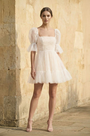 A Line Short Sleeves Tulle Wedding Dress - KissProm Wedding Dresses