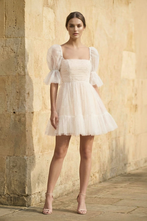 A Line Short Sleeves Tulle Wedding Dress - KissProm Wedding Dresses