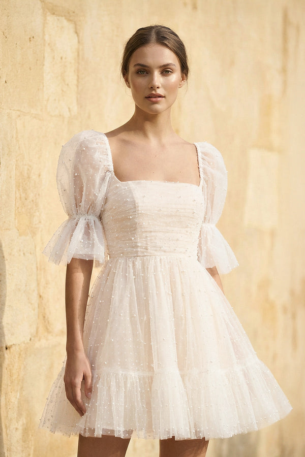 A Line Short Sleeves Tulle Wedding Dress - KissProm Wedding Dresses