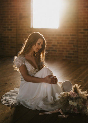 A Line Short Sleeves V Neck Wedding Dresses - KissProm