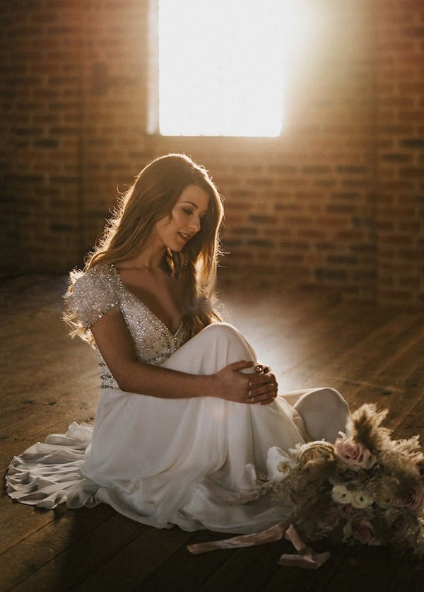 A Line Short Sleeves V Neck Wedding Dresses - KissProm