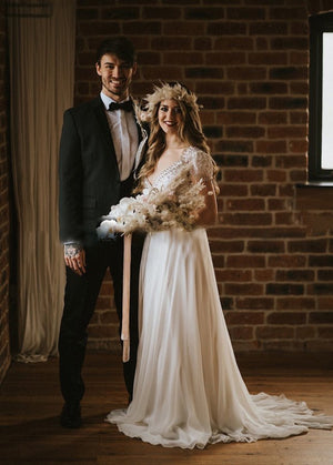 A Line Short Sleeves V Neck Wedding Dresses - KissProm