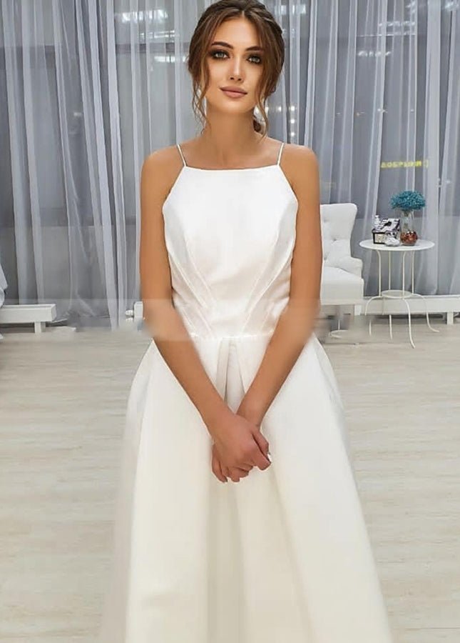 Simple Open Back Tea Length A - Line Sleeveless Spaghetti - Straps Wedding Dress with Pockets - KissProm