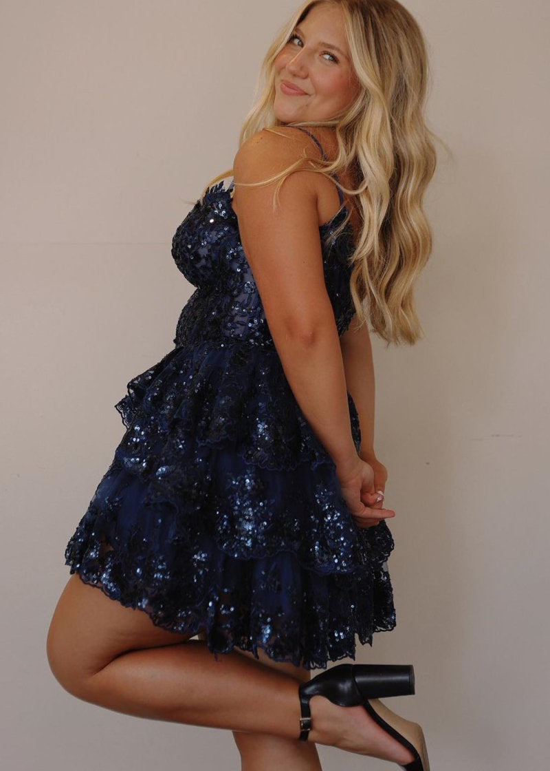 Reana | A- Line Sky Blue Sequins Multi-Layers Short Homecoming Dress