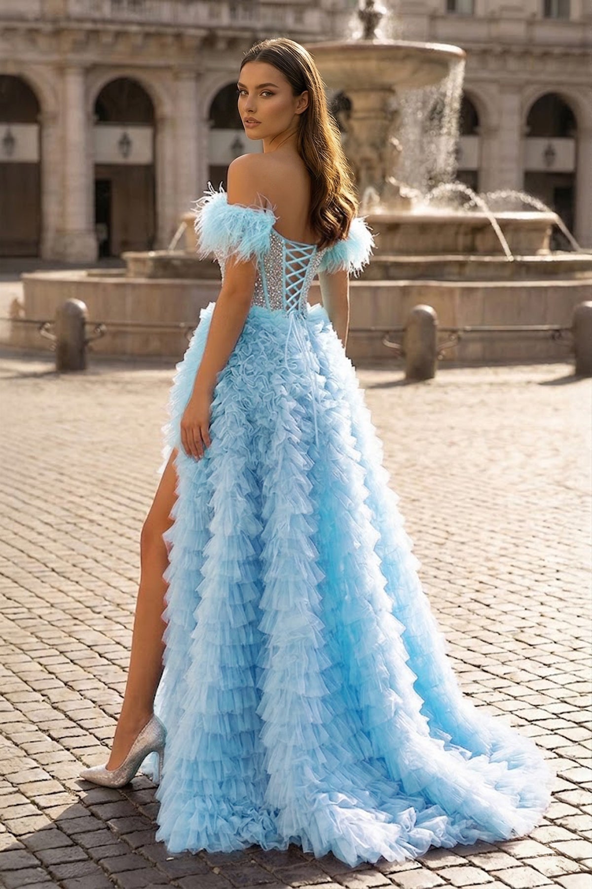 KissProm A Line Off the Shoulder Tiered Tulle Prom Dress With Slit, Aqua / 00