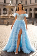 A Line Off the Shoulder Tiered Tulle Prom Dress With Slit - KissProm