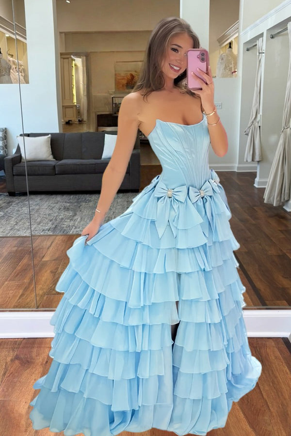 Felice | Sky Blue - Scoop Neck A Line Chiffon Tiered Prom Dresses With Bowknot - KissProm