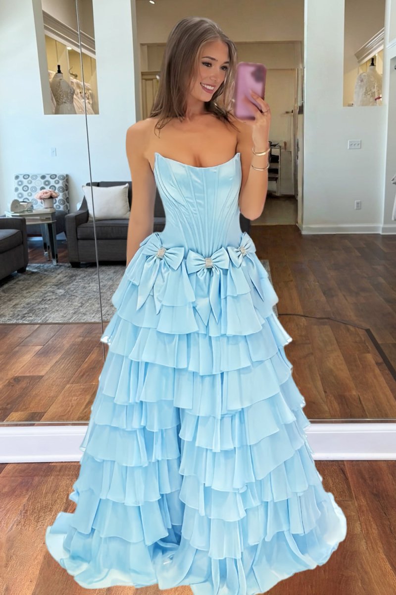 Felice | Sky Blue - Scoop Neck A Line Chiffon Tiered Prom Dresses With Bowknot - KissProm