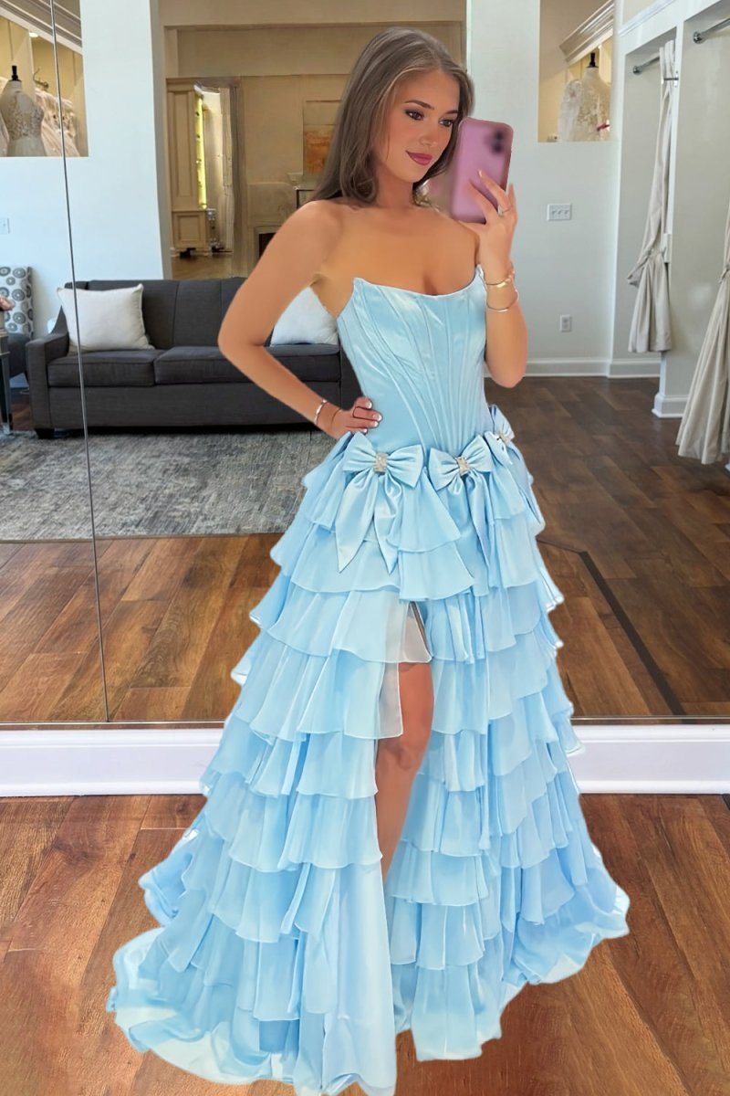 Sky Blue - Scoop Neck A Line Chiffon Tiered Prom Dresses With Bowknot - KissProm