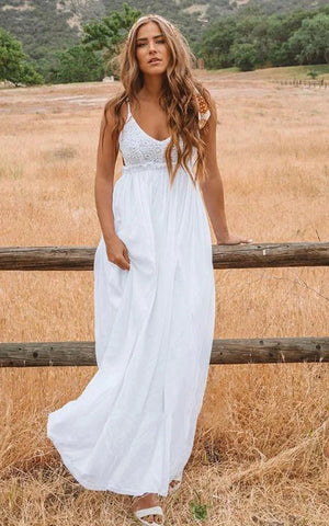 A Line Spaghetti Chiffon Lace Floor-length Sleeveless Wedding Dress
