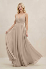A-Line Spaghetti Strap Chiffon Bridesmaid Dress in Almond - KissProm BRIDESMAID DRESSES