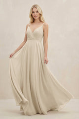 A-Line Spaghetti Strap Chiffon Bridesmaid Dress in Champagne - KissProm BRIDESMAID DRESSES