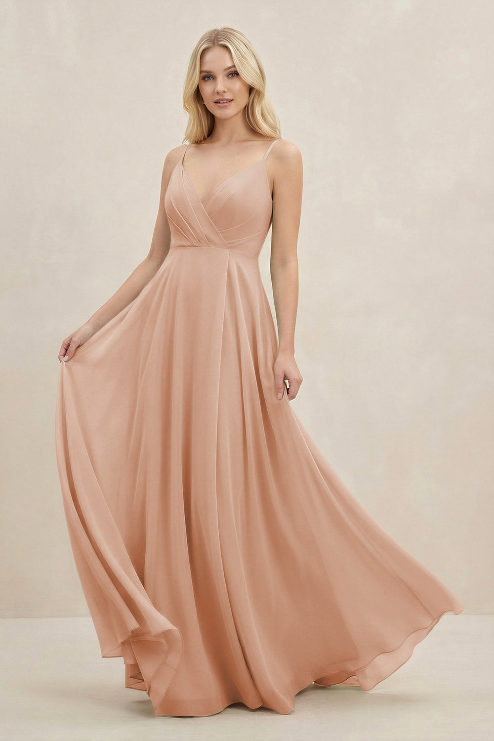 A-Line Spaghetti Strap Chiffon Bridesmaid Dress in Champagne Rose - KissProm BRIDESMAID DRESSES
