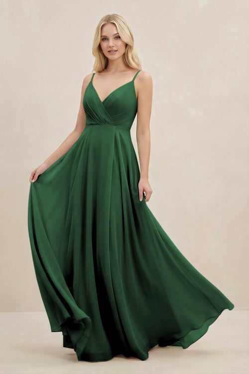 A-Line Spaghetti Strap Chiffon Bridesmaid Dress in Dark Green - KissProm BRIDESMAID DRESSES