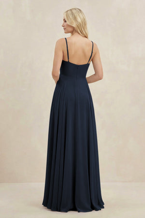 A-Line Spaghetti Strap Chiffon Bridesmaid Dress in Dark Navy - KissProm BRIDESMAID DRESSES
