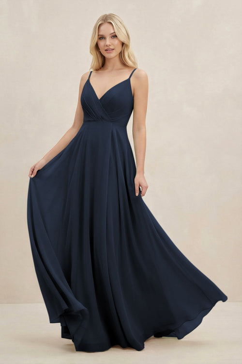 A-Line Spaghetti Strap Chiffon Bridesmaid Dress in Dark Navy - KissProm BRIDESMAID DRESSES
