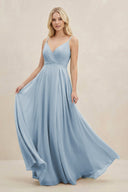 A-Line Spaghetti Strap Chiffon Bridesmaid Dress in Dusty Blue - KissProm BRIDESMAID DRESSES